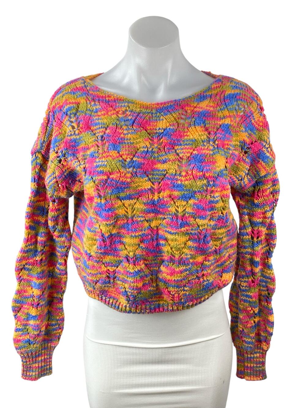 Wild Fable Multicolor Space Dye Crochet Long Sleeve Crop Pointelle Sweater Top S